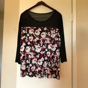 Tee-style top, sheer across upper chest & back